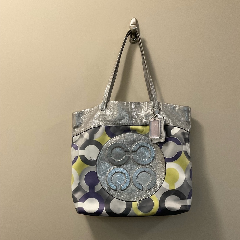 Coach Julia Op Art Signature Shoulder Tote Silver… - image 1